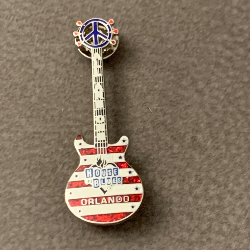 House of Blues Orlando Guitar Brooch - Red, Blue, Silver